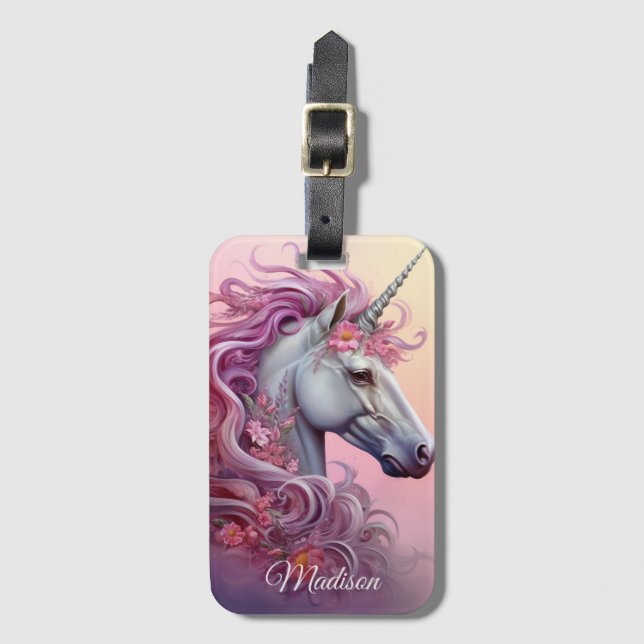 Étiquette À Bagage Nom personnalisé belle licorne (Devant Vertical)