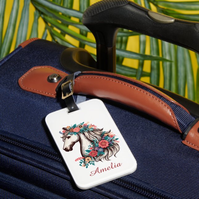 Étiquette À Bagage Nom personnalisé Boho Horse avec Fleurs (Insitu Rectoal 1)