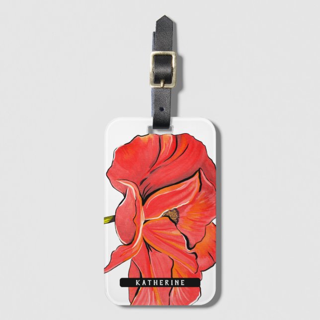Étiquette À Bagage Nom personnalisé Fleur de pavot rouge moderne (Devant Vertical)