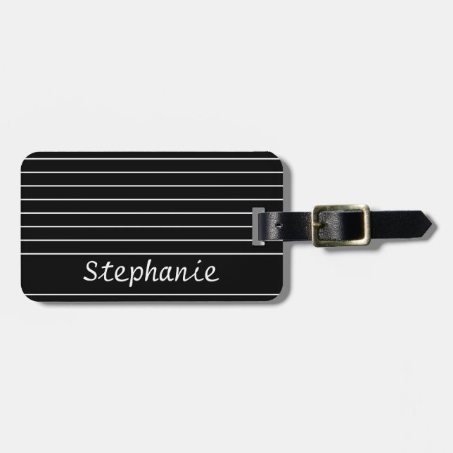 Étiquette À Bagage Nom Personnalisé Monogramme Noir Blancs Élégant (Devant horizontal)