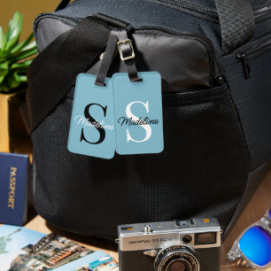 Étiquette À Bagage Nom personnalisé Monogramme sur Pretty Pastel bleu