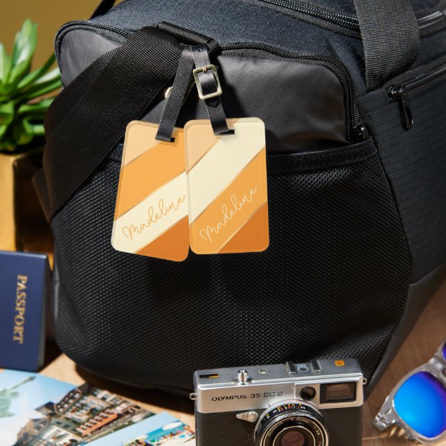 Étiquette À Bagage Nom personnalisé sur les jolies bandes d'orange ja (Recto & Verso)