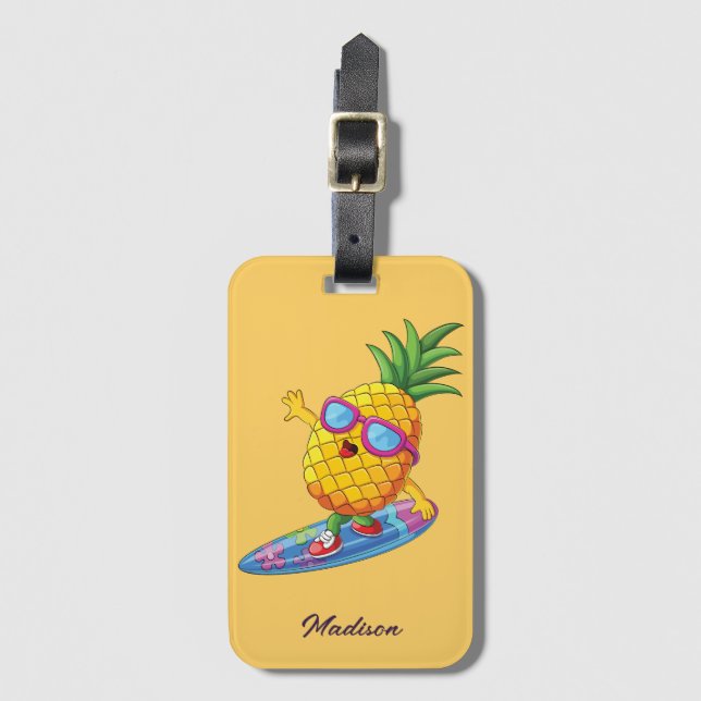 Étiquette À Bagage Nom personnalisé Surfing Pineapple (Devant Vertical)
