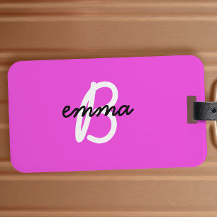 Étiquette À Bagage Nom rose chaud   Neon de monogramme initial modern