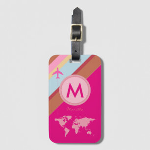 Étiquette À Bagage nom rose monogramme voyage avion personnalisé