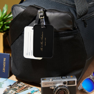 Étiquette À Bagage Noms de couple personnalisés et date Élégant noir