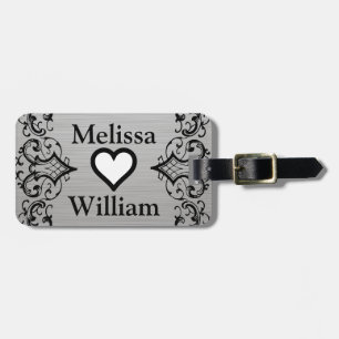 Étiquette À Bagage Noms de mariés noir gris floral mariage