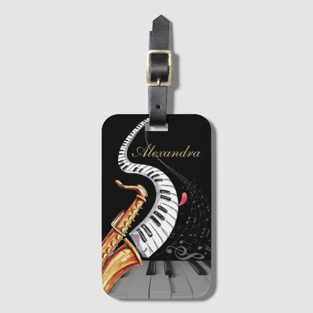 Étiquette À Bagage Note musicale de piano personnalisée Saxophone (Devant Vertical)
