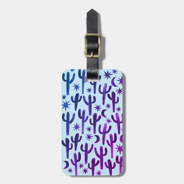 Étiquette À Bagage Nuit Désert Cactus Purple BLue Motif Aquarelle (Devant Vertical)