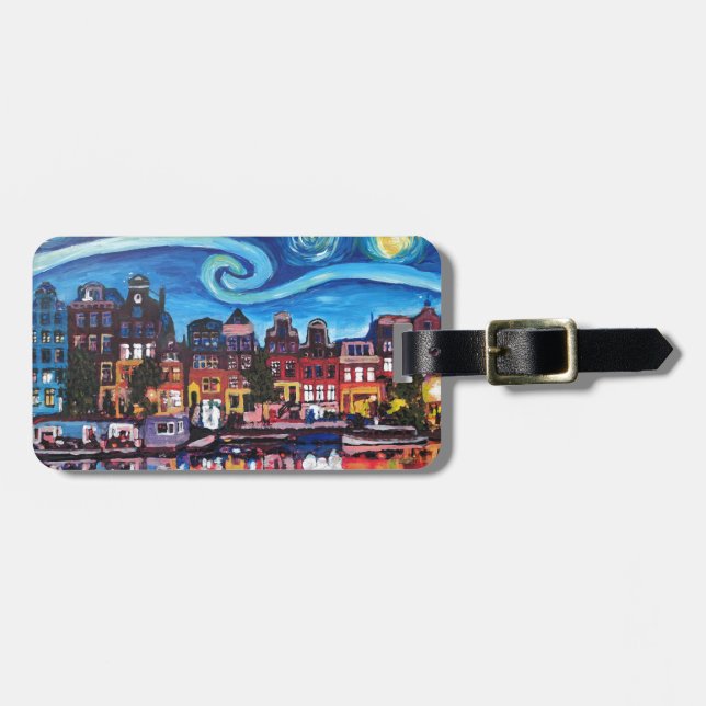 Étiquette À Bagage Nuit étoilée au-dessus de canal d'Amsterdam (Devant horizontal)