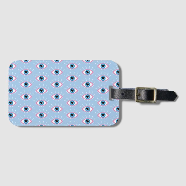 Étiquette À Bagage Oeil mal grec avec cils rose bleu (Devant Horizontal)