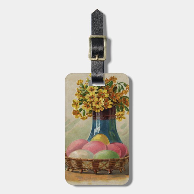 Étiquette À Bagage Oeufs Pâques Panier Fleurs Antique (Devant Vertical)