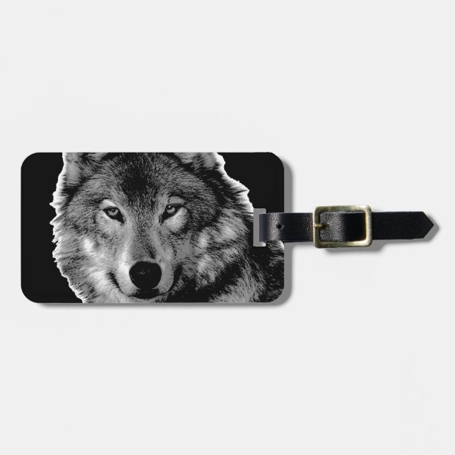 Étiquette À Bagage Oeuvre de Loup noir et blanc (Devant horizontal)