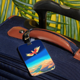 Étiquette À Bagage Oiseau coloré volant au-dessus des montagnes