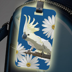 Étiquette À Bagage Oiseau tropical Bleu et blanc Cockatoo Fleurs marg