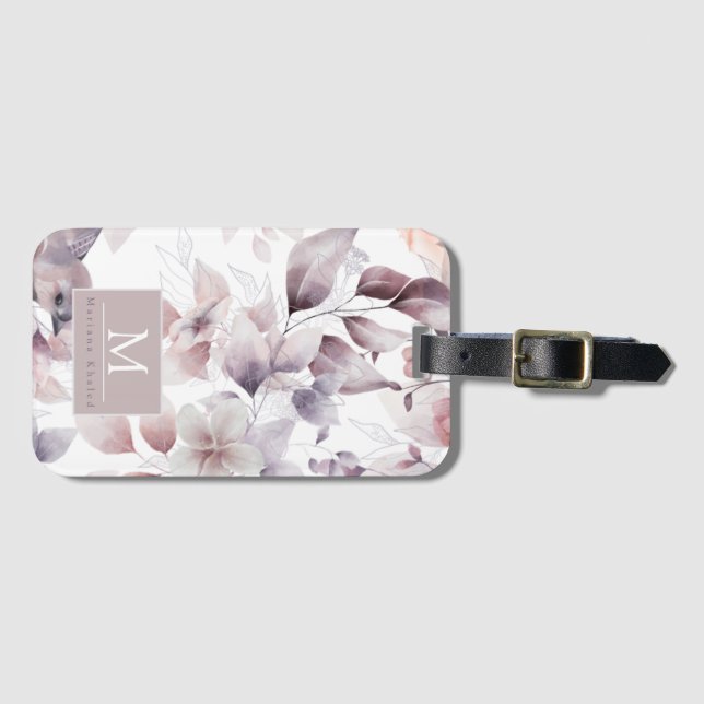 Étiquette À Bagage Oiseaux floraux baby shower nature violet et blanc (Devant Horizontal)