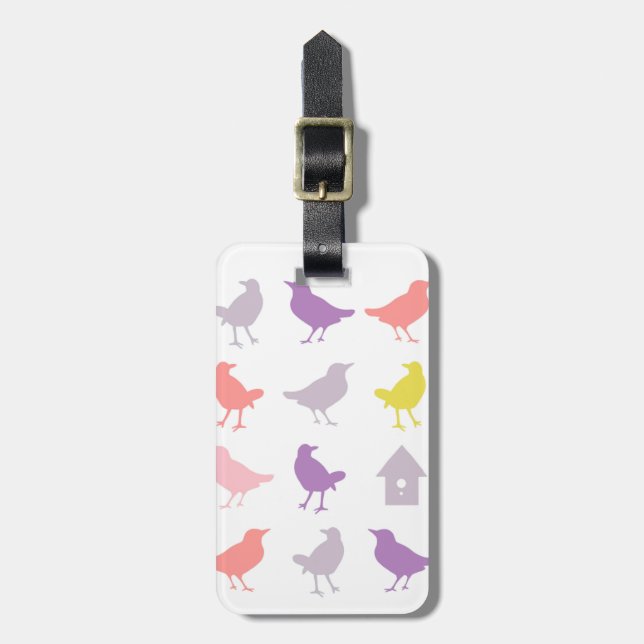 Étiquette À Bagage Oiseaux pastel rose et violet avec Birdhouse (Devant Vertical)