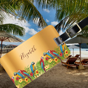 Étiquette À Bagage Oiseaux tropicaux perroquets or palme nom feuille