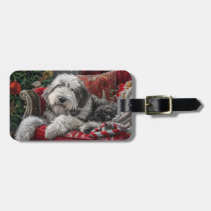 Étiquette À Bagage Old English Sheepdog Festive de Noël