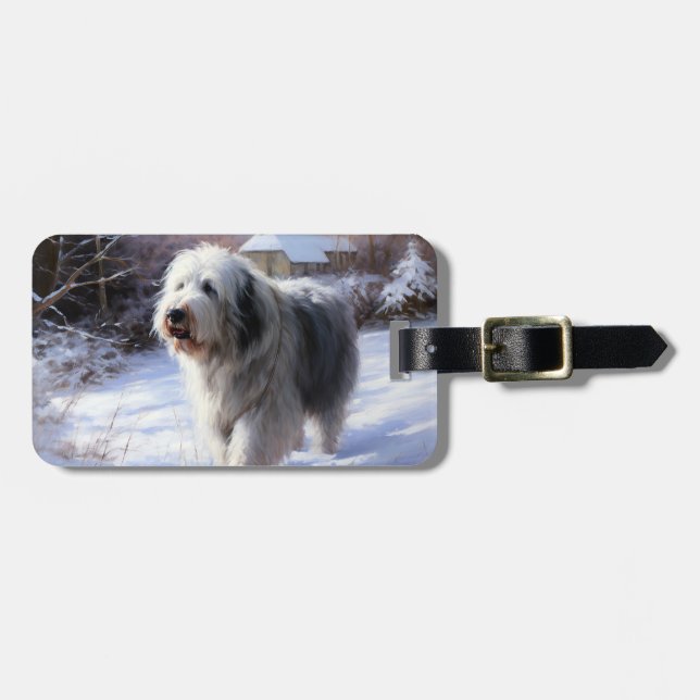 Étiquette À Bagage Old English Sheepdog Laisser neiger Noël (Devant horizontal)