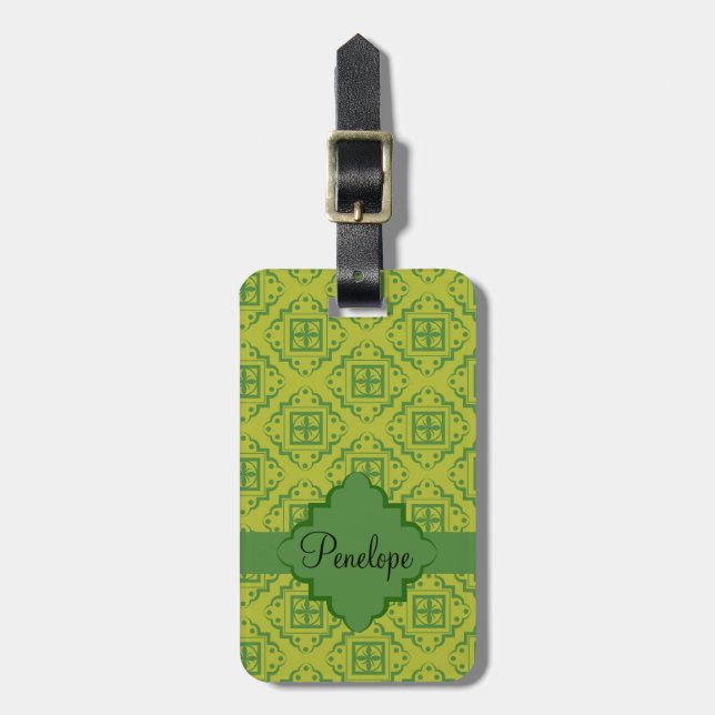 Étiquette À Bagage Olive Green Arabesque Marocain Motif graphique (Devant Vertical)