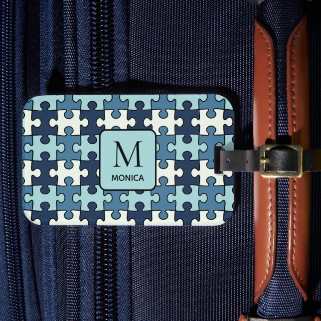 Étiquette À Bagage Ombre moderne de Blue Puzzle Pièces Monogramme (Insitu Rectoal 4)