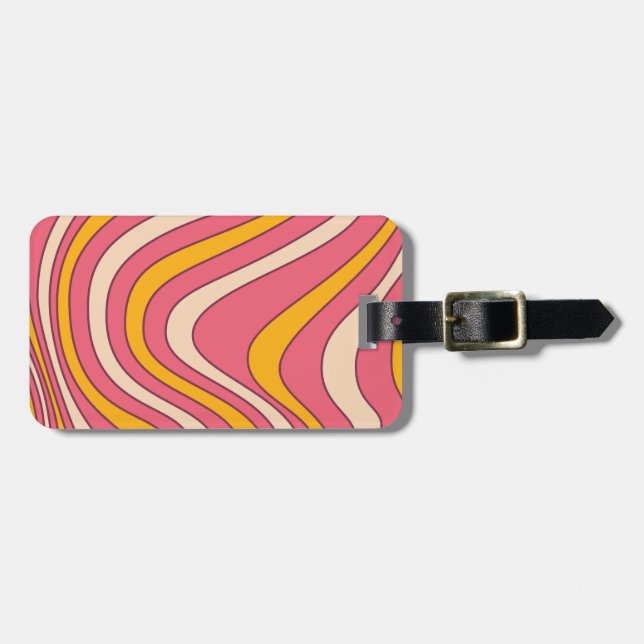 Étiquette À Bagage Ondes de style rétro rose et orange (Devant horizontal)