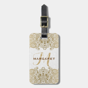 Étiquette À Bagage Or Et Blanc Floral Paisley Lace