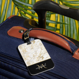 Étiquette À Bagage Or & Marbre blanc avec Monogramme noir Luxe