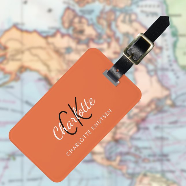 Étiquette À Bagage Orange blanc monogrammé (Créateur téléchargé)