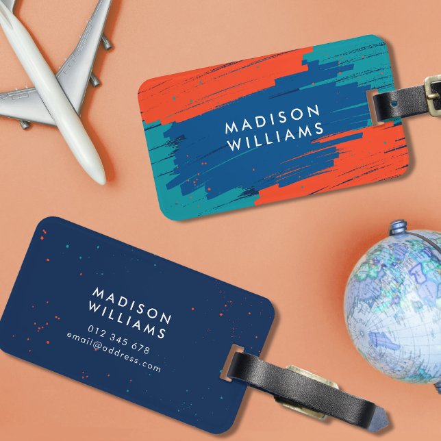 Étiquette À Bagage Orange Bleu Turquoise Vibrant Moderne Gras Trucs (Créateur téléchargé)