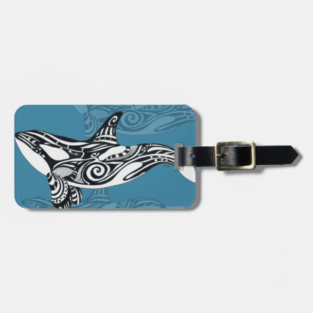 Étiquette À Bagage Orca Killer Whale Tlingit Indigo encre bleue (Devant horizontal)