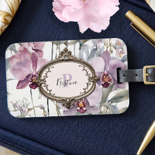 Étiquette À Bagage Orchidée Aquarelle Cadre Bronze Vintage Monogramme