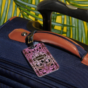 Étiquette À Bagage Ornement rose Goth avec crâne personnalisé