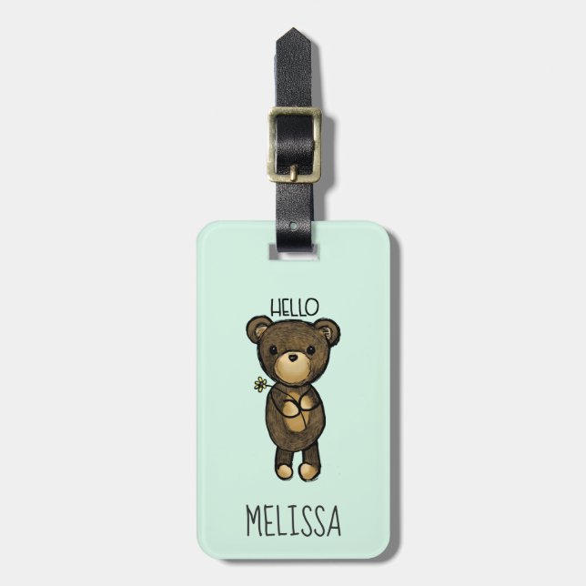 Étiquette À Bagage Ours Brown mignon tenant une Fleur Jaune (Devant Vertical)