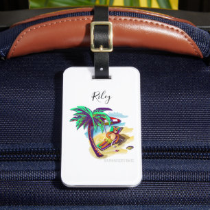Étiquette À Bagage Ours d'été relaxant sur la plage tropicale