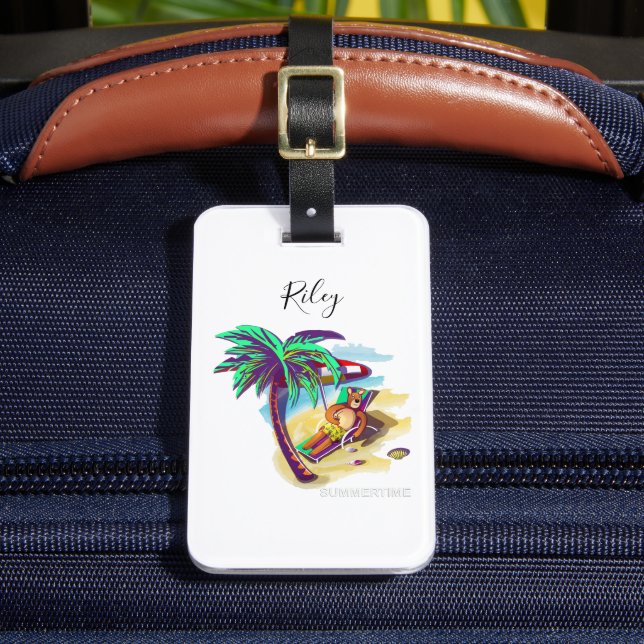 Étiquette À Bagage Ours d'été relaxant sur la plage tropicale (Insitu Rectoal 2)