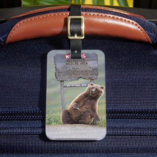 Étiquette À Bagage Ours Grizzly Joue Avec Un Panneau