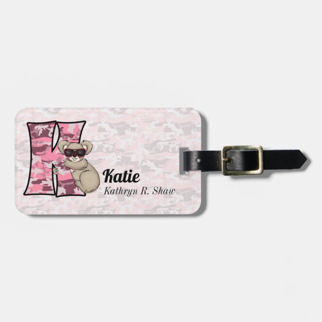 Étiquette À Bagage Ours Koala rose en Camouflage Fuax pour filles (Devant horizontal)
