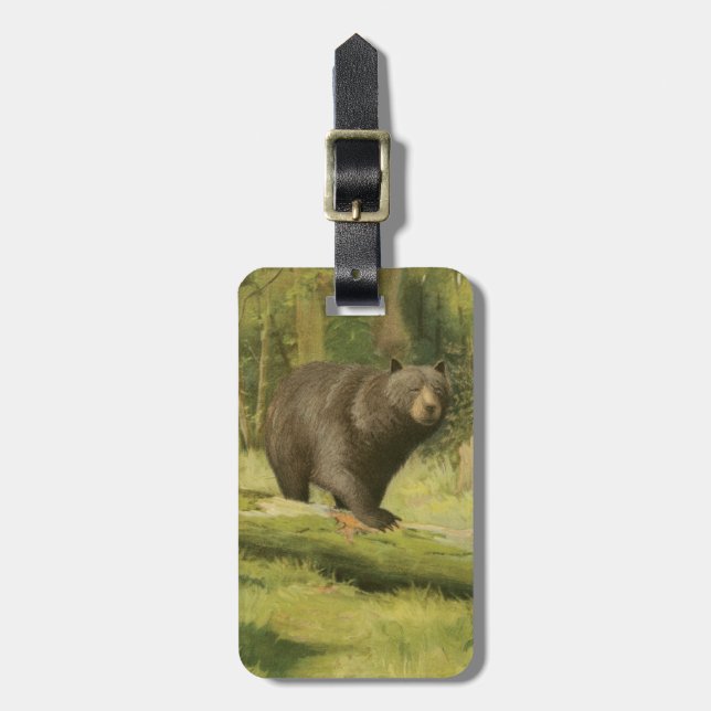 Étiquette À Bagage Ours noir faisant un pas sur un tronc d'arbre (Devant Vertical)