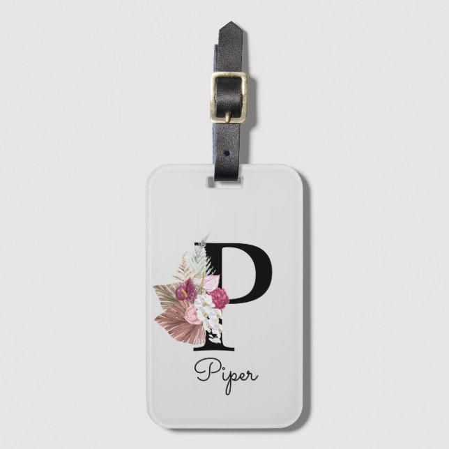 Étiquette À Bagage P initial floral de saumon rose monogramme (Devant Vertical)