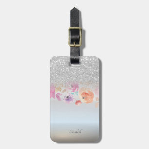 Étiquette À Bagage Pailleté Argent Bokeh Ombré, Floral -Personnalisé