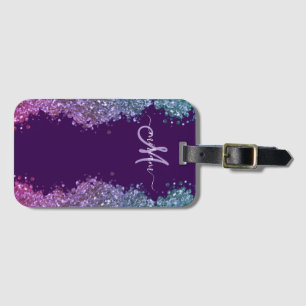 Étiquette À Bagage Pailleté Monogramme Moderne Violet Bleu Turquoise