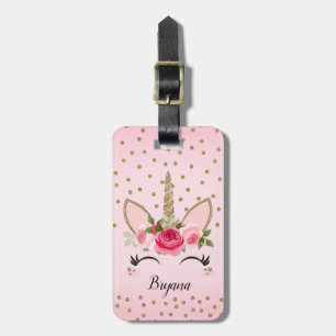 Étiquette À Bagage Paillettes dorées et licorne florale rose tendance