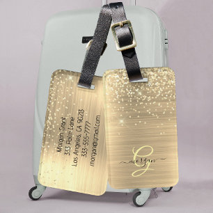Étiquette À Bagage Paillettes dorées & monogramme, nom en écriture no