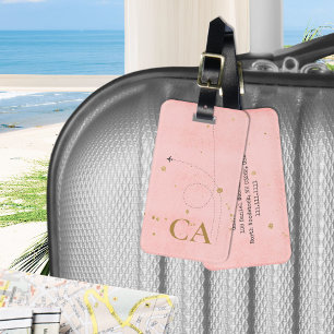 Étiquette À Bagage Pale rose minimaliste Golden Monogram Avion