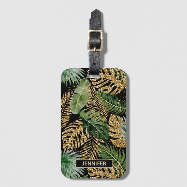 Étiquette À Bagage Palme Tropicale Exotique Feuilles Faux Gold Nom de (Devant Vertical)