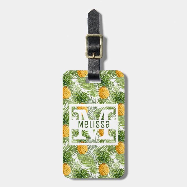 Étiquette À Bagage Palmettes et monogramme tropicaux des ananas | (Devant Vertical)