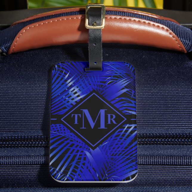 Étiquette À Bagage Palmier noir bleu monogramme (Insitu Rectoal 2)