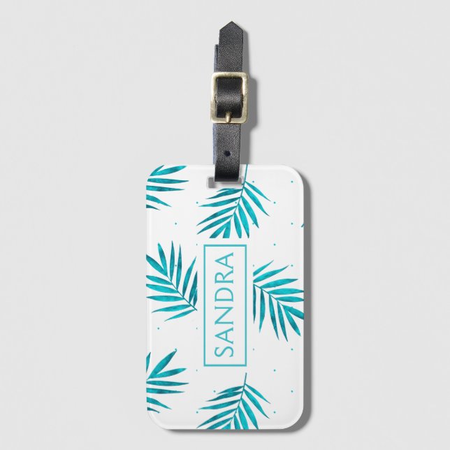 Étiquette À Bagage Palmier tropical bleu turquoise feuille motif (Devant Vertical)